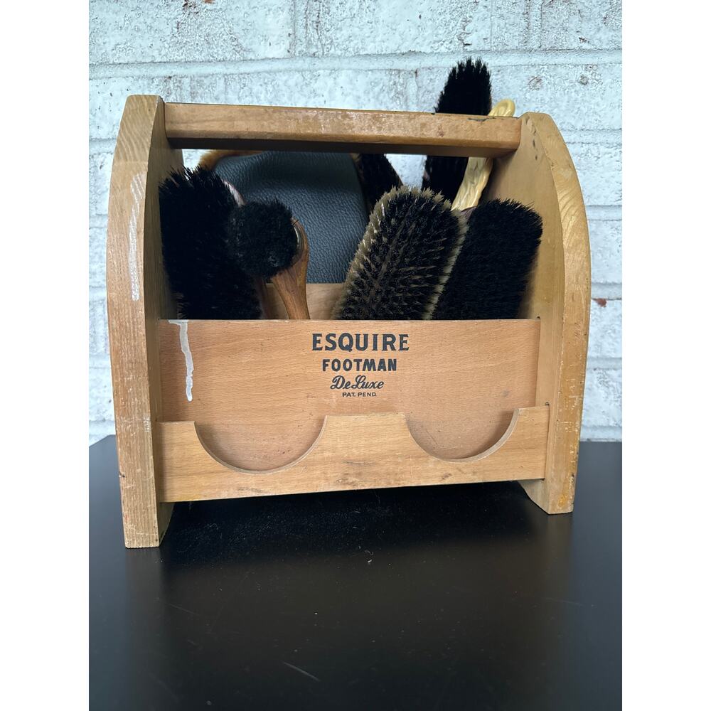Esquire Footman Deluxe Vintage Shoe Shine Wooden Holder with Multiple Brushes